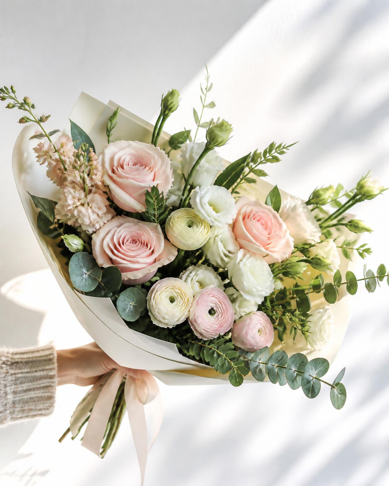 Blush rose and ranunculus bouquet wrapped in cream paper
